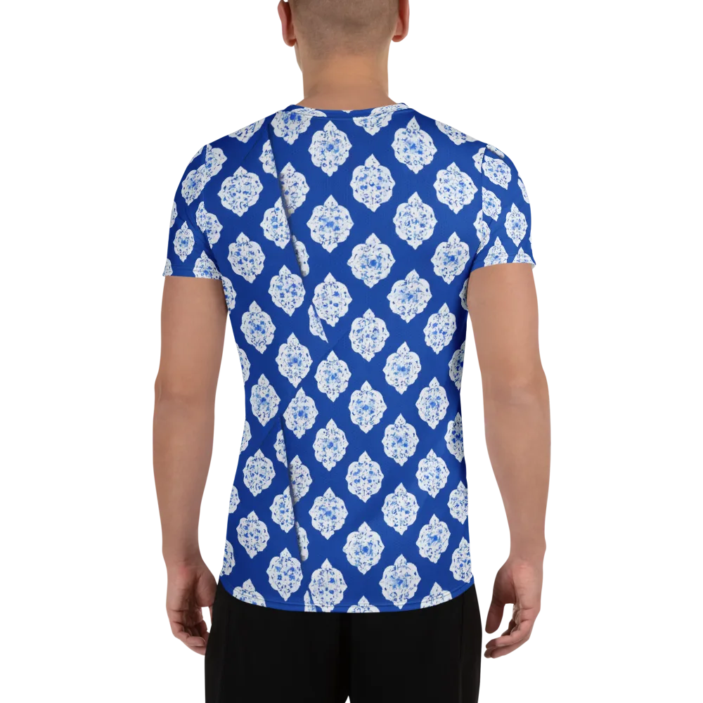 Blue Porcelain Bloom on Men's Athletic T-Shirt — Back