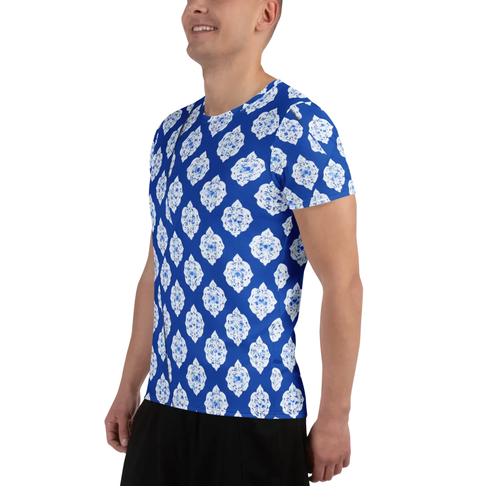 Blue Porcelain Bloom on Men's Athletic T-Shirt — Left