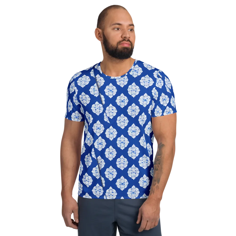 Blue Porcelain Bloom on Men's Athletic T-Shirt — Front