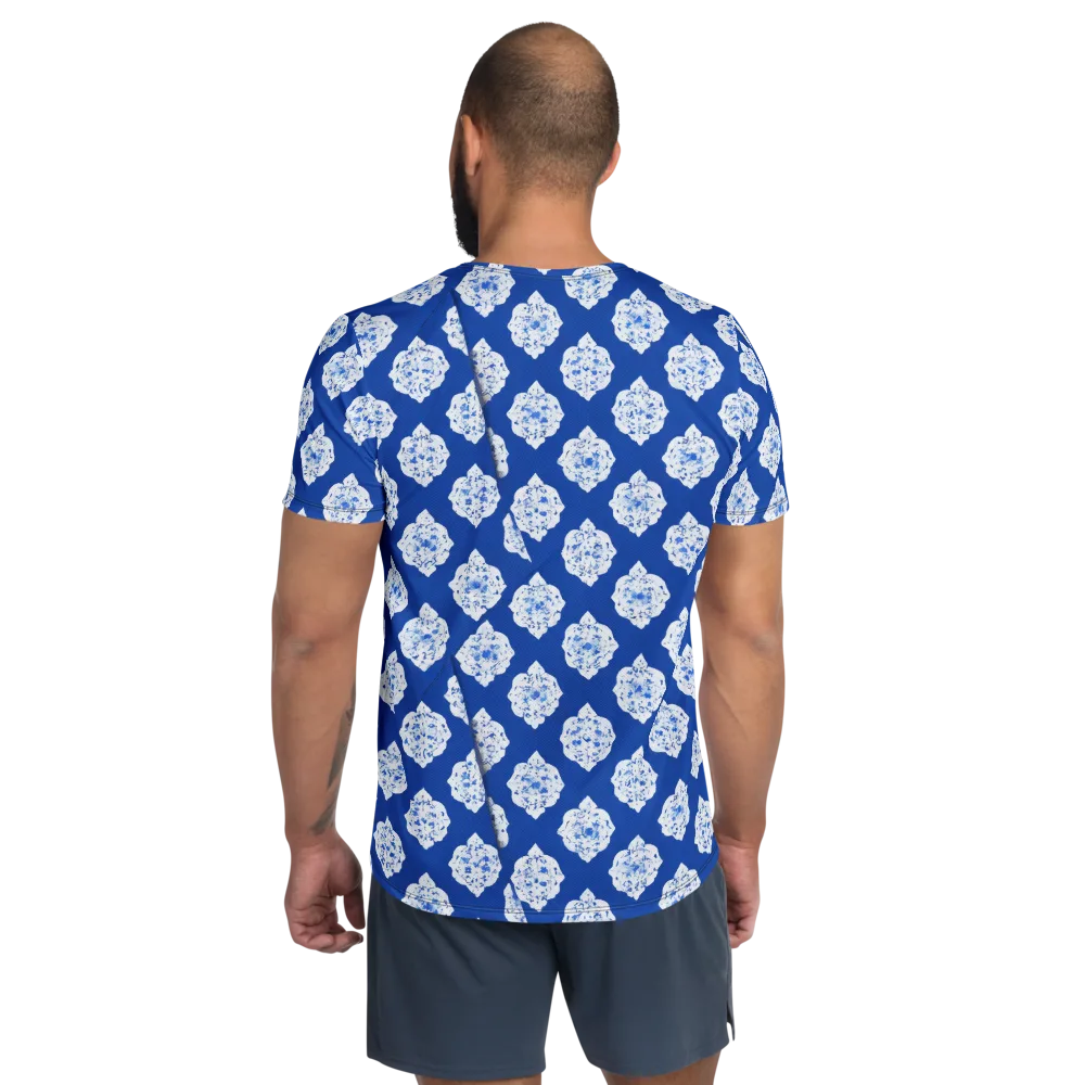 Blue Porcelain Bloom on Men's Athletic T-Shirt — Back