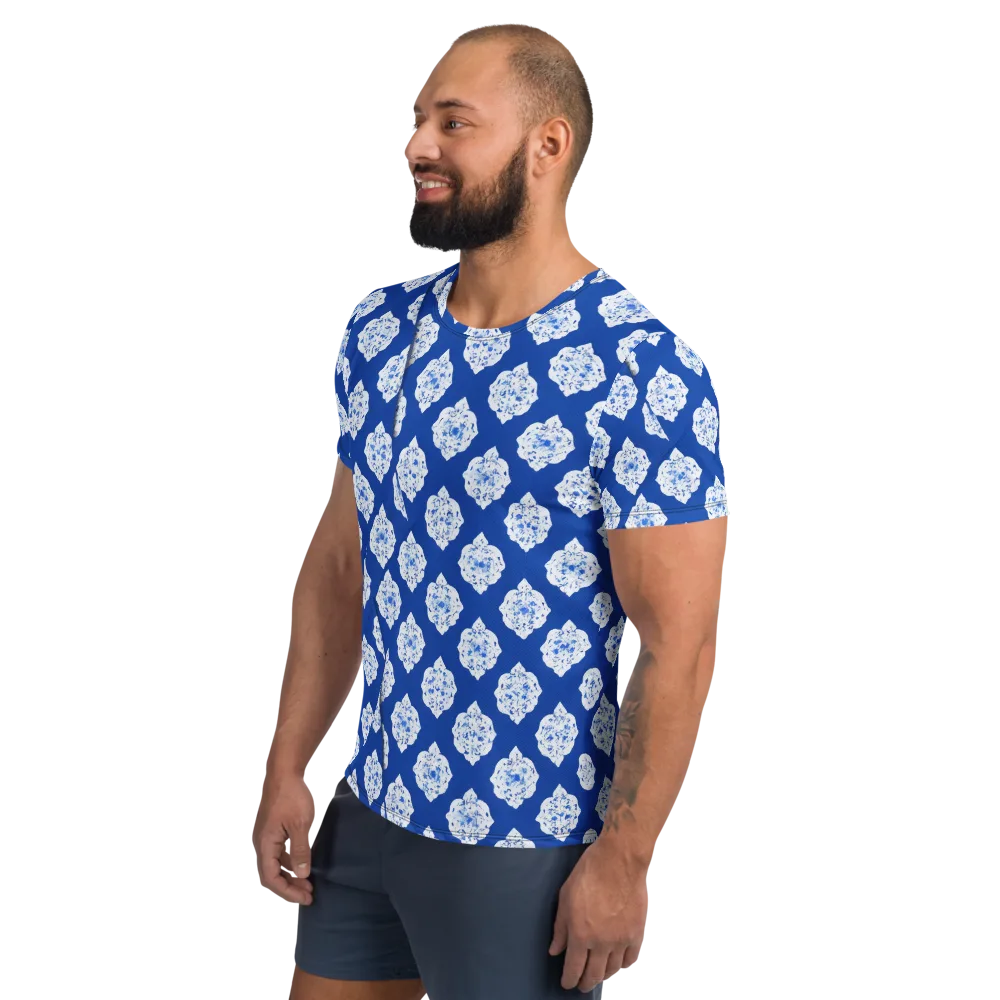 Blue Porcelain Bloom on Men's Athletic T-Shirt — Left