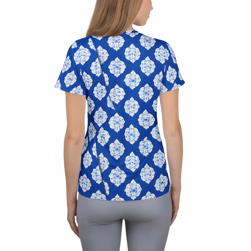 Blue Porcelain Bloom on Women's Athletic T-Shirt — Back