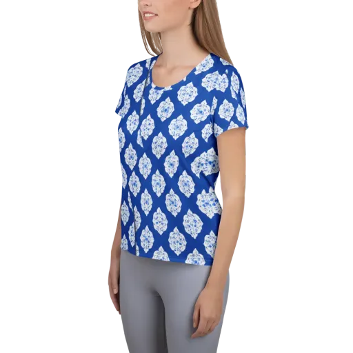 Blue Porcelain Bloom on a Women's Athletic T-Shirt