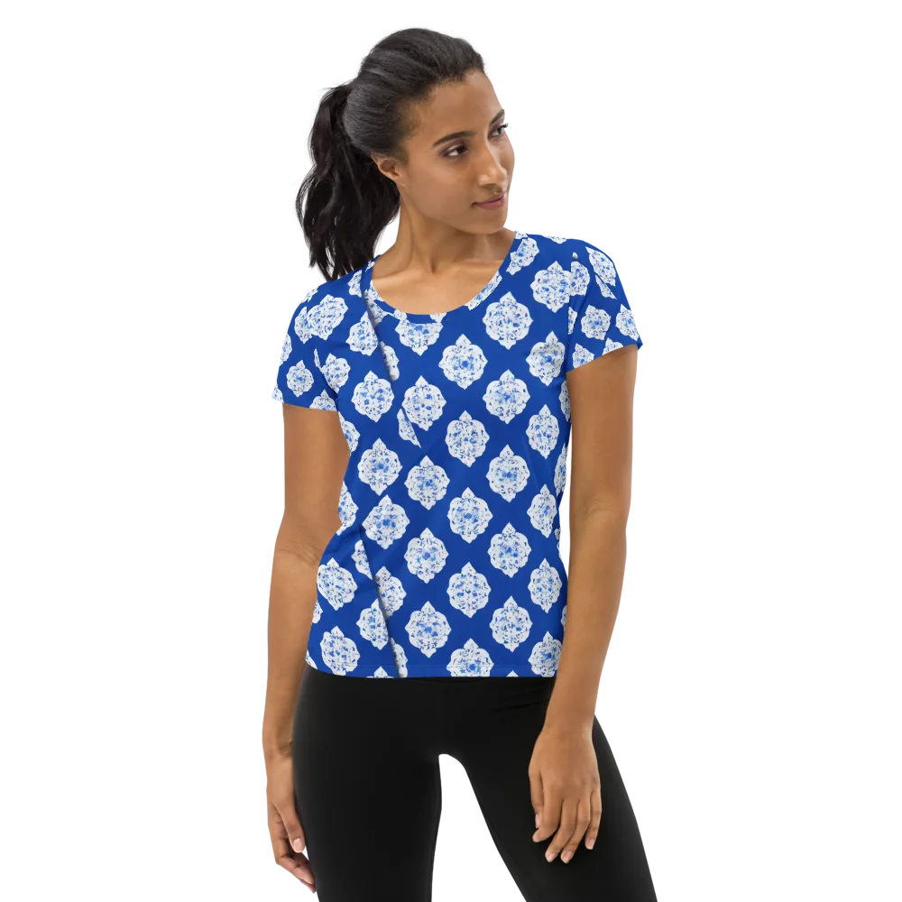 Blue Porcelain Bloom on Women's Athletic T-Shirt — Front