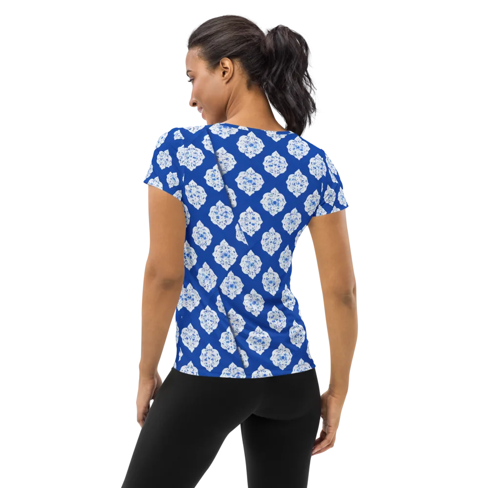 Blue Porcelain Bloom on Women's Athletic T-Shirt — Back