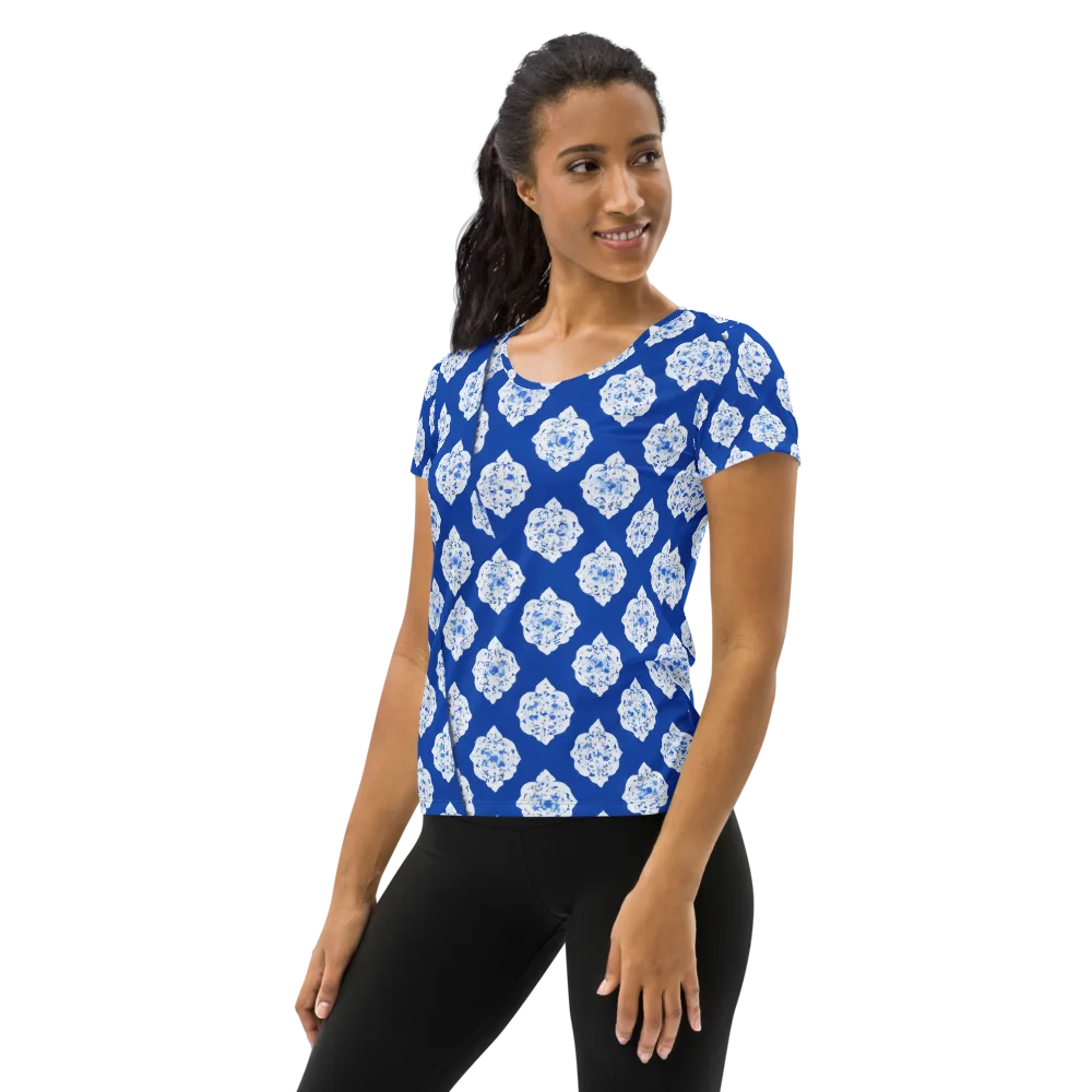 Blue Porcelain Bloom on Women's Athletic T-Shirt — Left