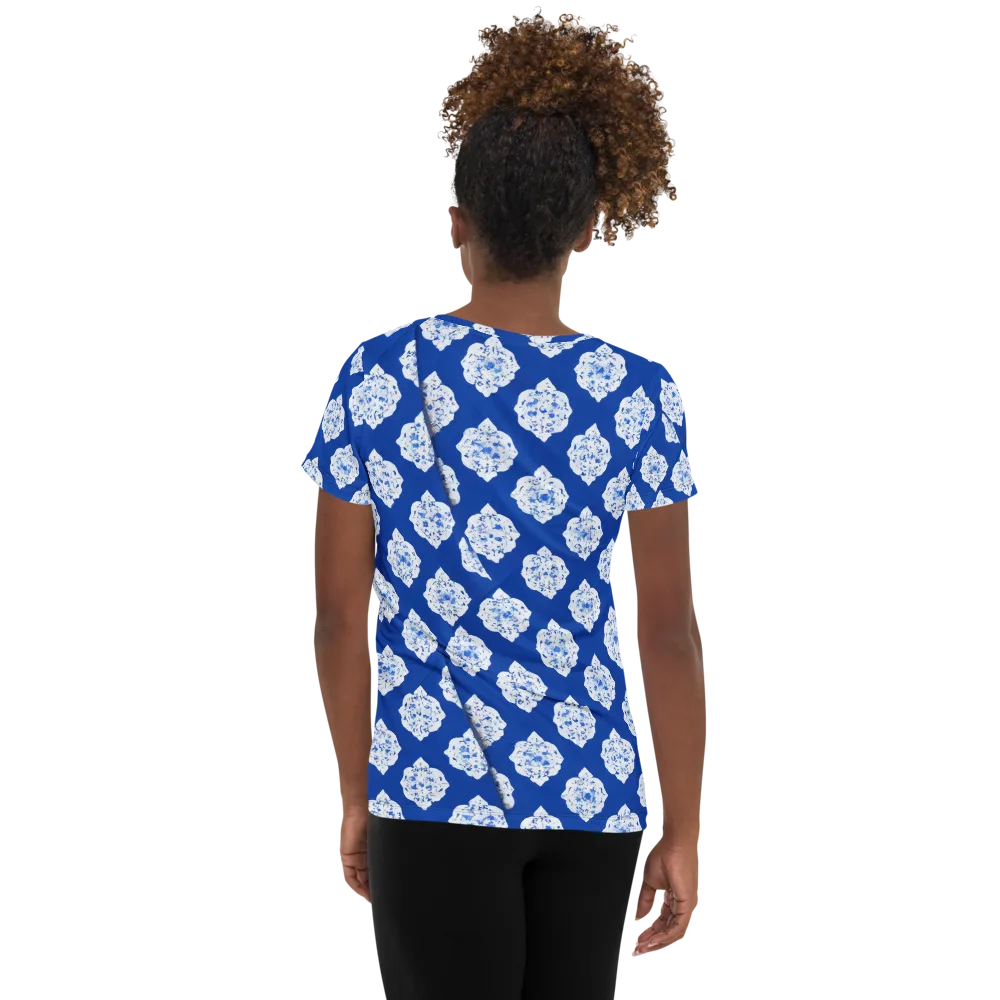 Blue Porcelain Bloom on Women's Athletic T-Shirt — Back