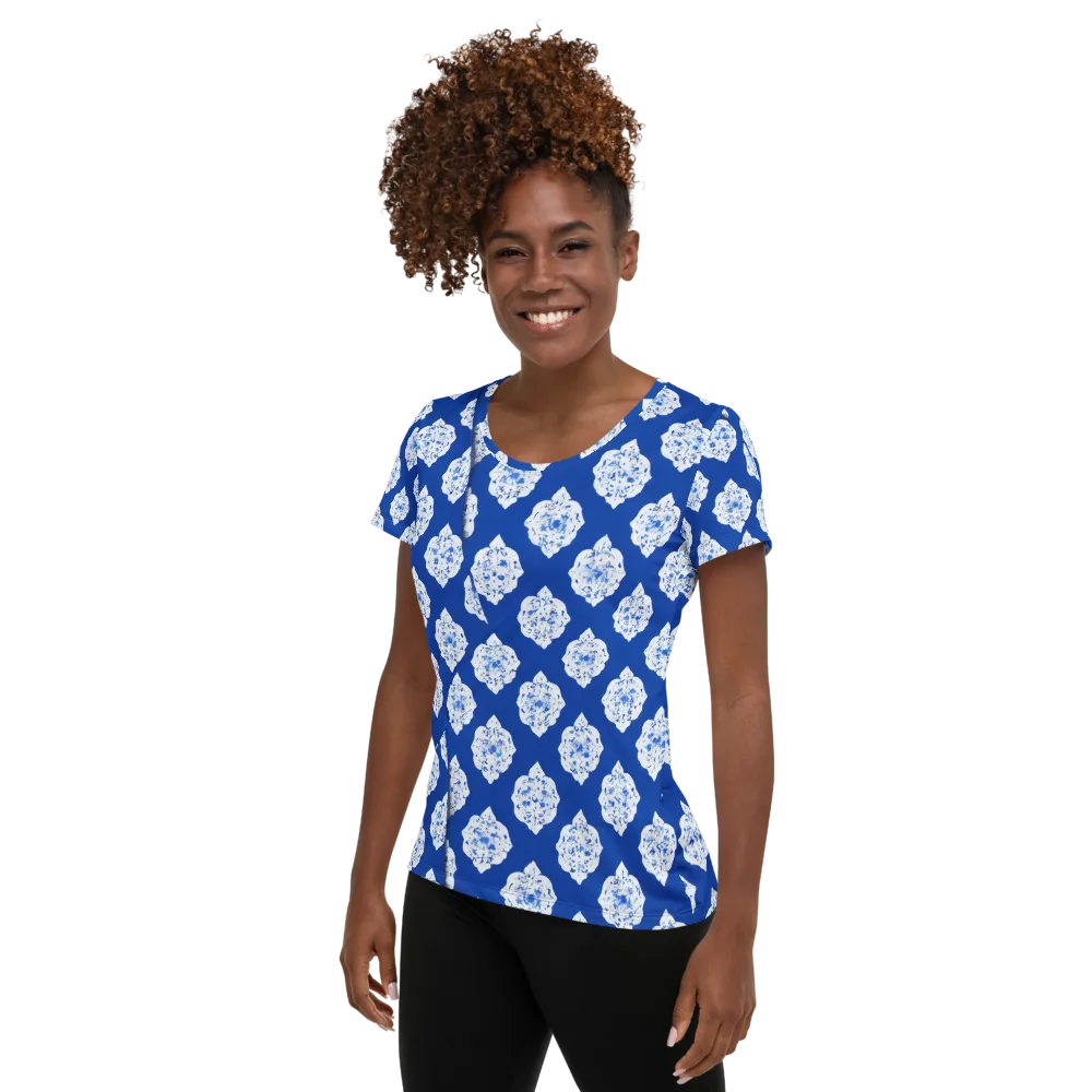 Blue Porcelain Bloom on Women's Athletic T-Shirt — Left