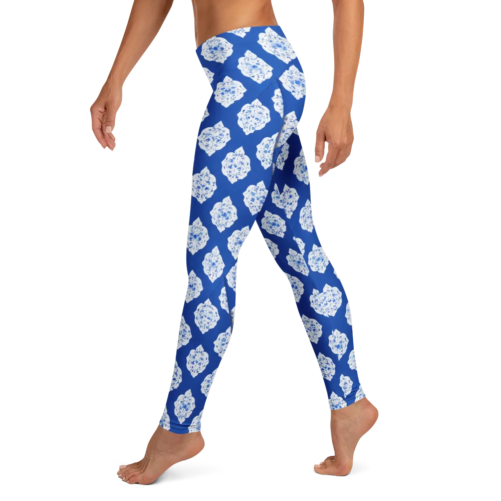 Blue Porcelain Bloom on Leggings — Left