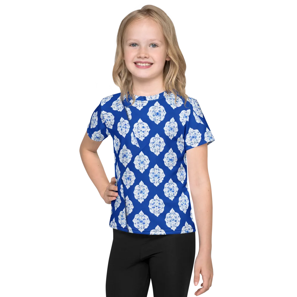 Blue Porcelain Bloom on Kids Crew Neck T-Shirt — Front