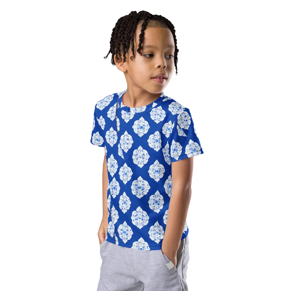 Blue Porcelain Bloom on Kids Crew Neck T-Shirt — Left Front