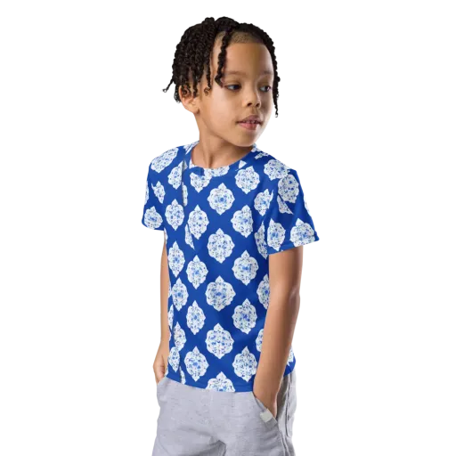 Blue Porcelain Bloom on a Kids Crew Neck T-Shirt