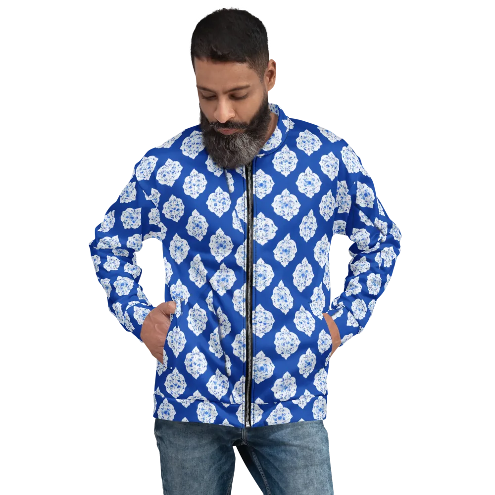 Blue Porcelain Bloom on Bomber Jacket — Front