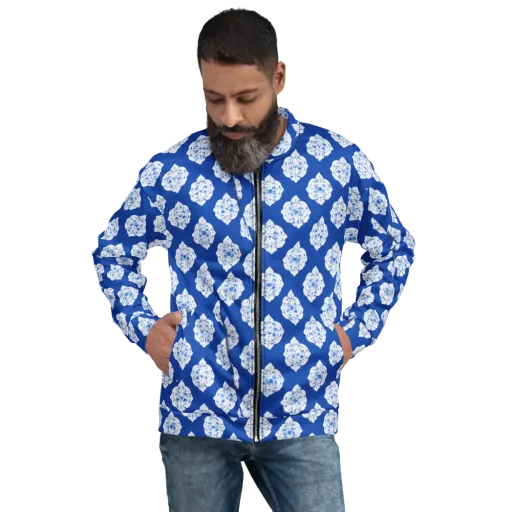 Blue Porcelain Bloom on a Bomber Jacket