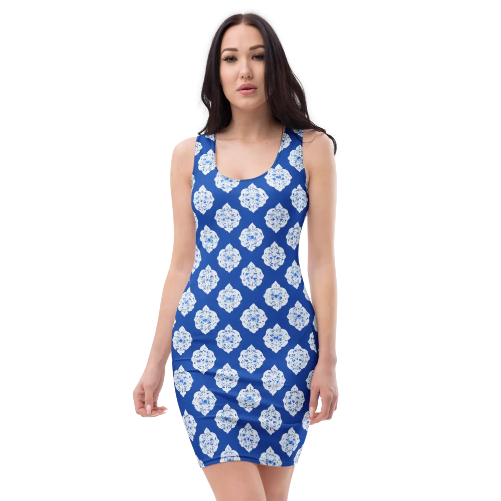 Blue Porcelain Bloom on Bodycon Dress — Front