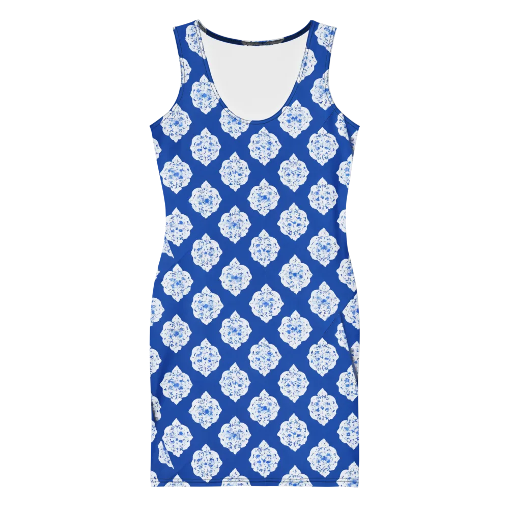 Blue Porcelain Bloom on Bodycon Dress — Front