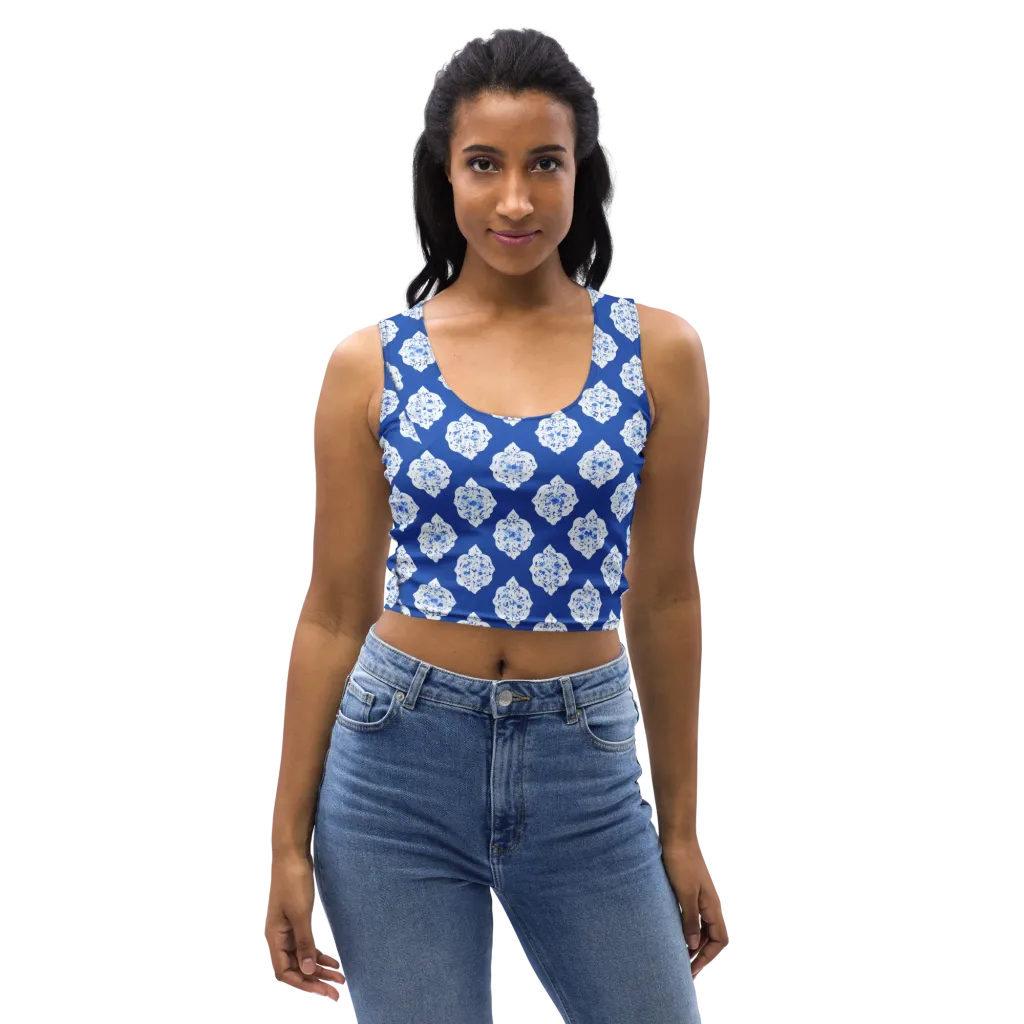 Blue Porcelain Bloom on Crop Top — Front