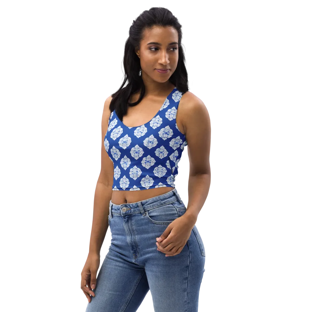 Blue Porcelain Bloom on Crop Top — Left Front