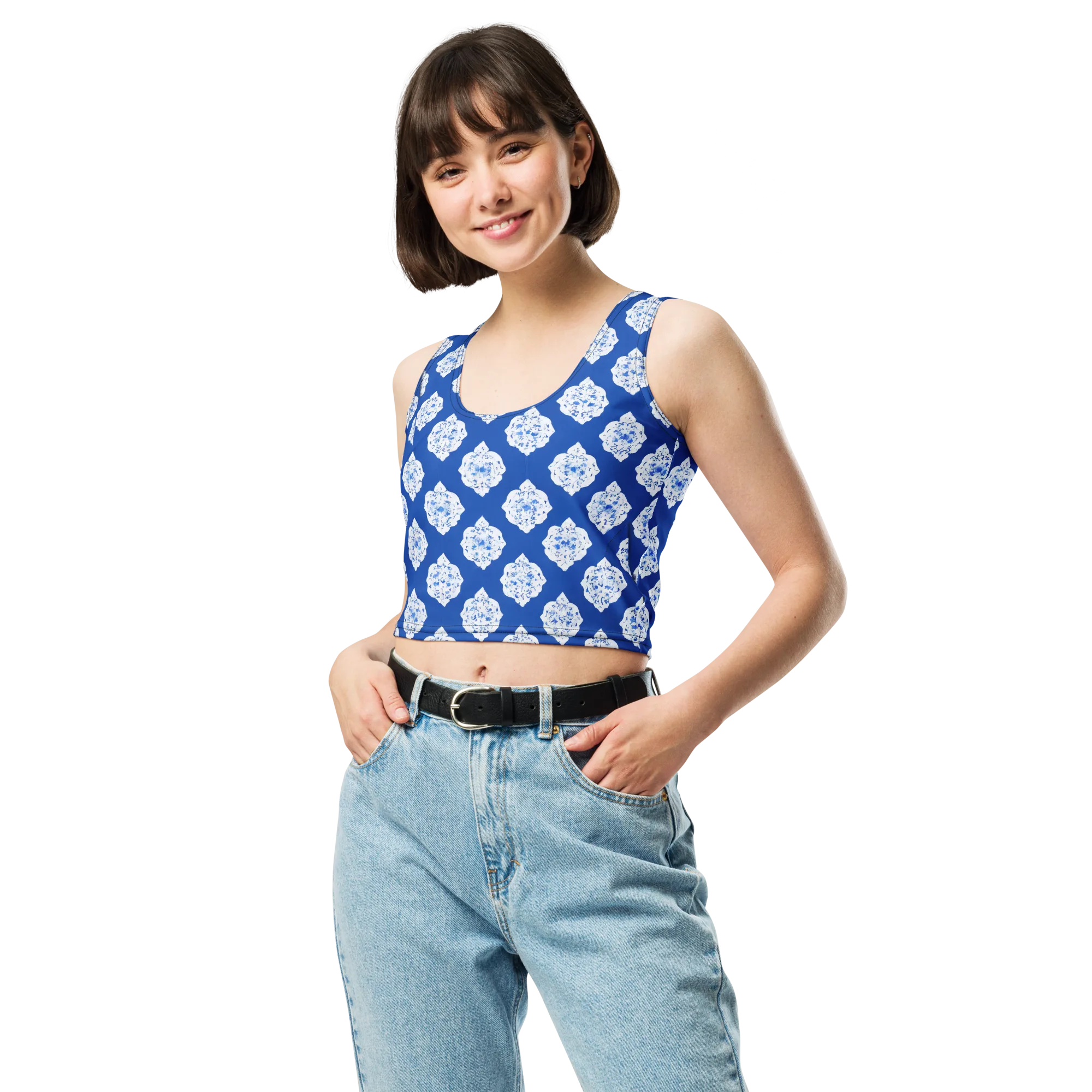 Blue Porcelain Bloom on Crop Top — Front