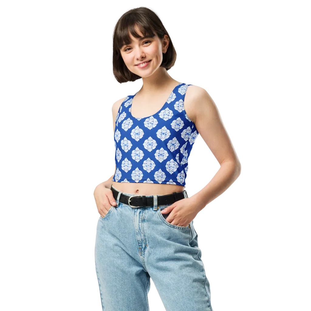 Blue Porcelain Bloom on Crop Top — Front