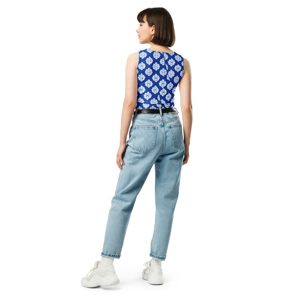 Blue Porcelain Bloom on Crop Top — Back