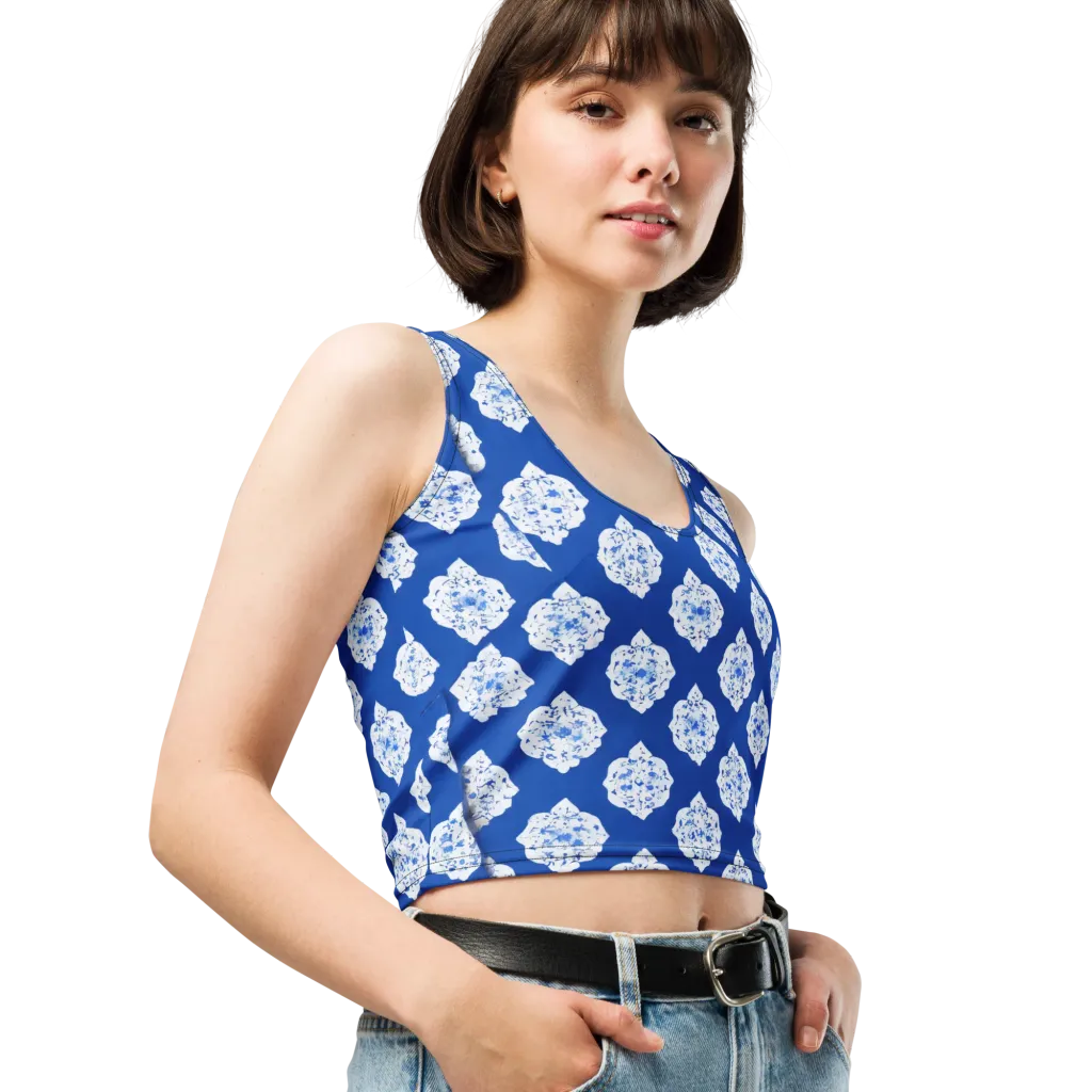 Blue Porcelain Bloom on Crop Top — Right Front