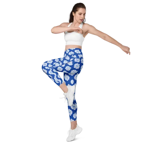 Blue Porcelain Bloom on a Leggings with Pockets
