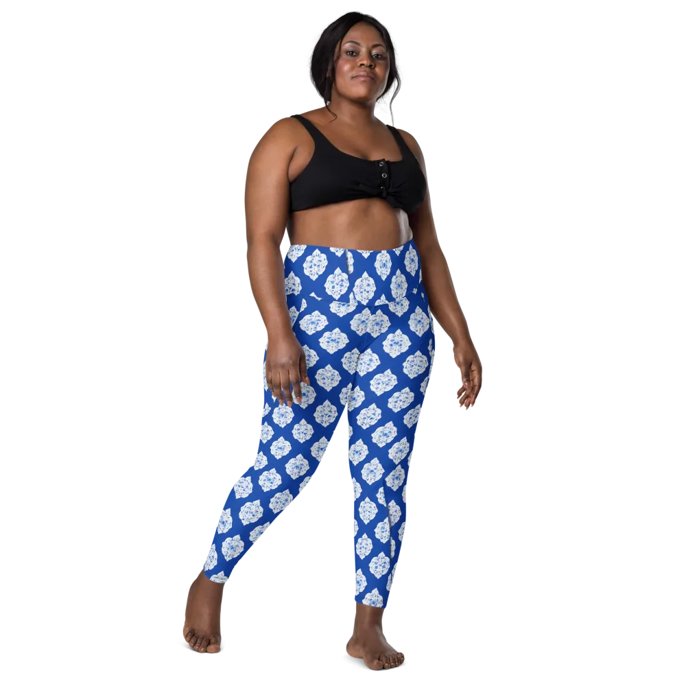 Blue Porcelain Bloom on Leggings with Pockets — Front