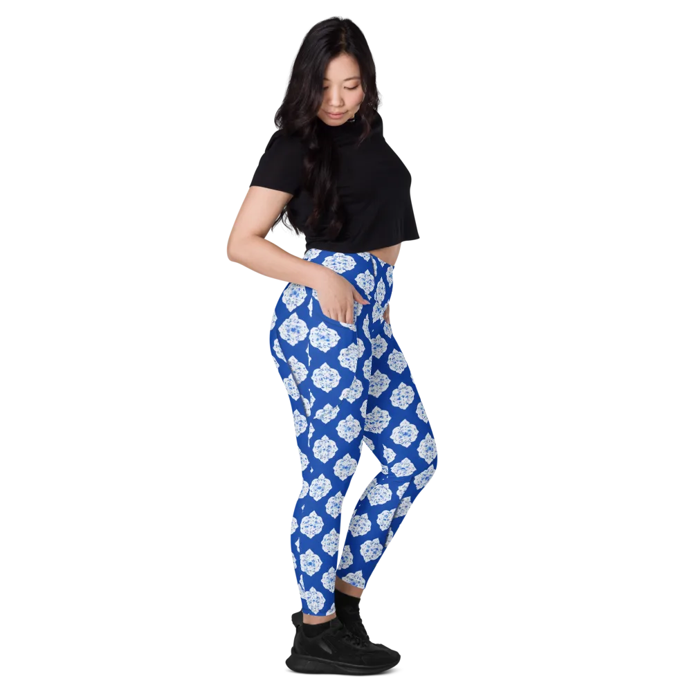 Blue Porcelain Bloom on Leggings with Pockets — Right