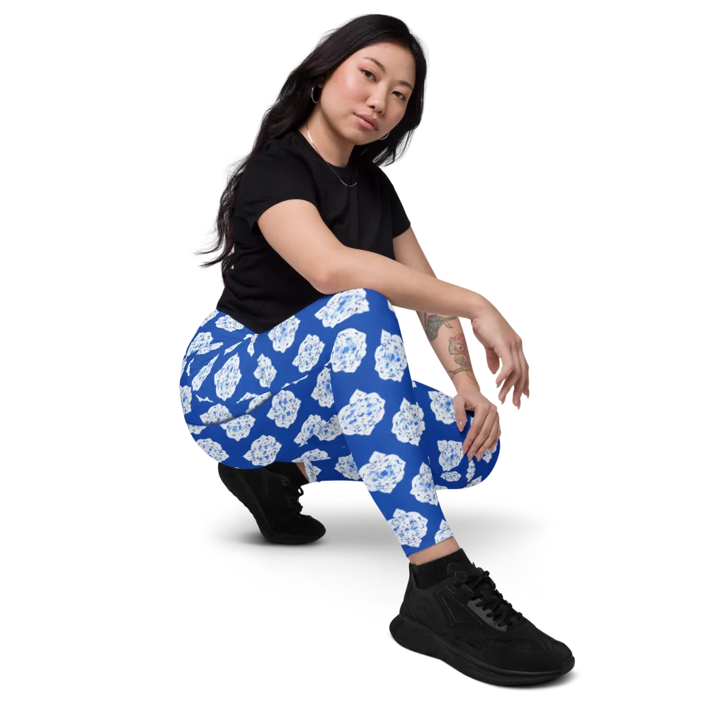 Blue Porcelain Bloom on Leggings with Pockets — Right Front
