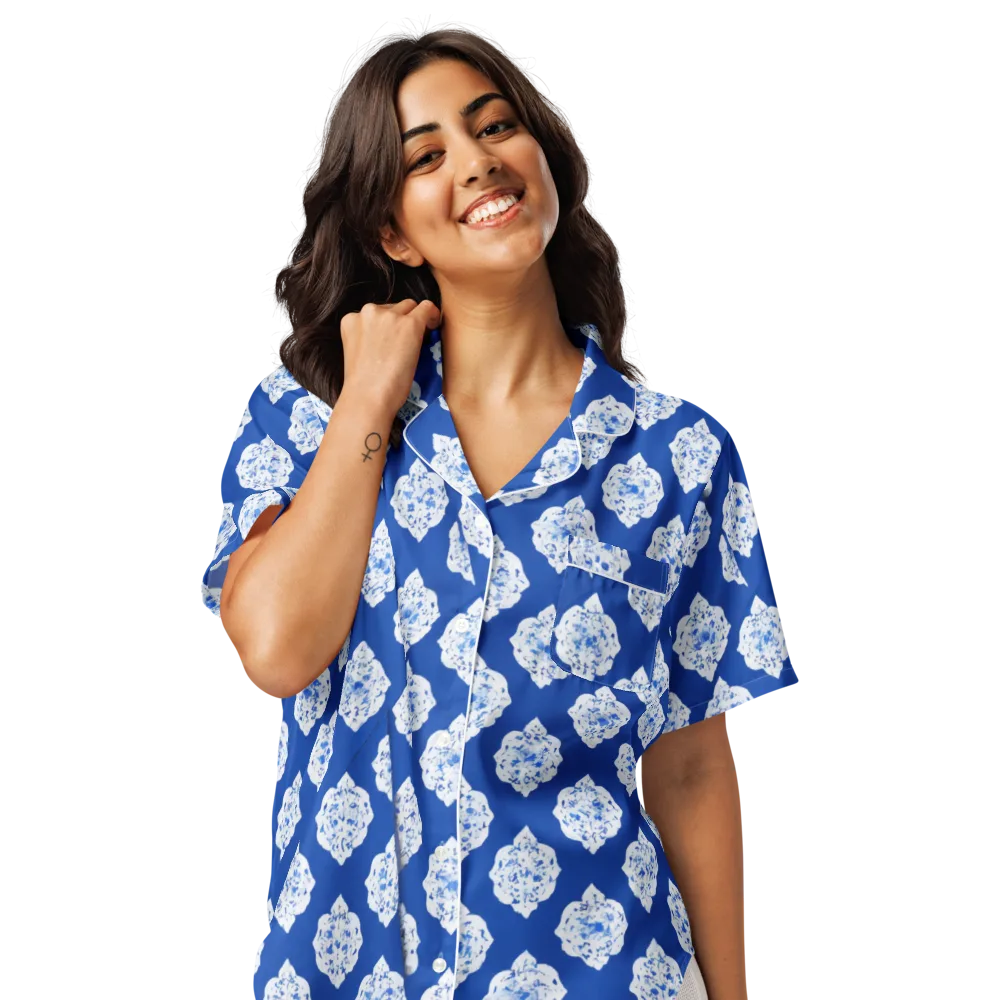 Blue Porcelain Bloom on Women's Short Sleeve Pajama Top — Front