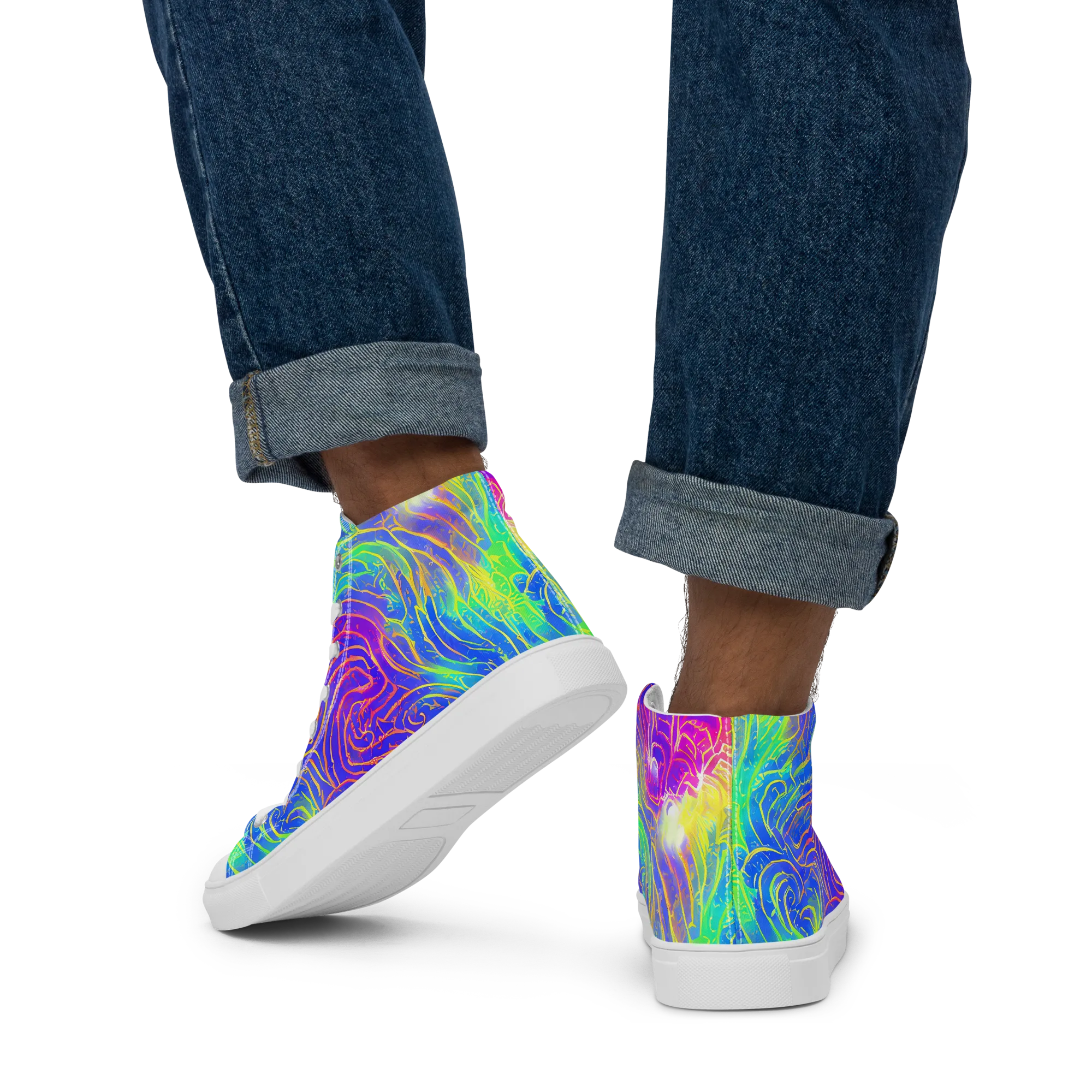 Ultraviolet Waves on Men's High Top Canvas Shoes — Back