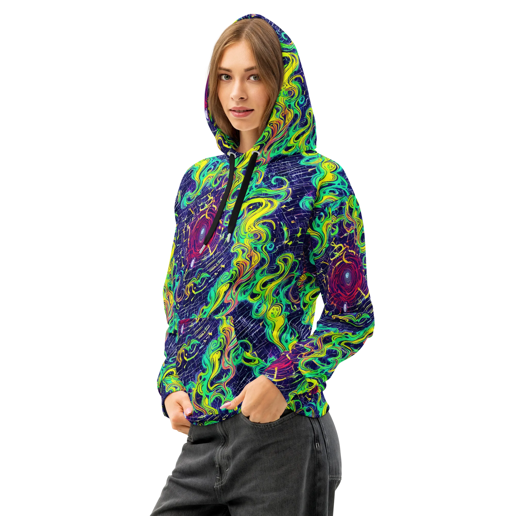 Neon Whirlwind on Cotton Hoodie — Left Front
