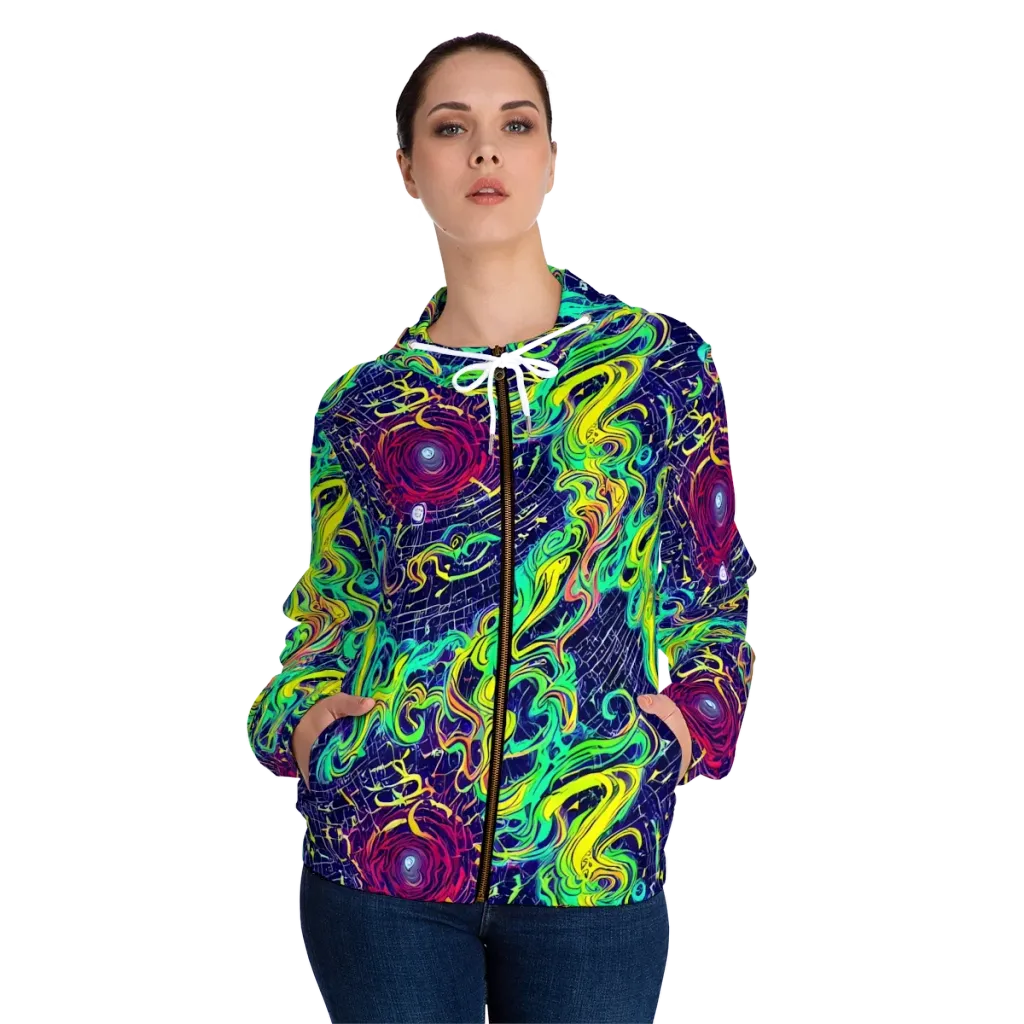 Neon Whirlwind on Women's Full-Zip Hoodie — Front On Person