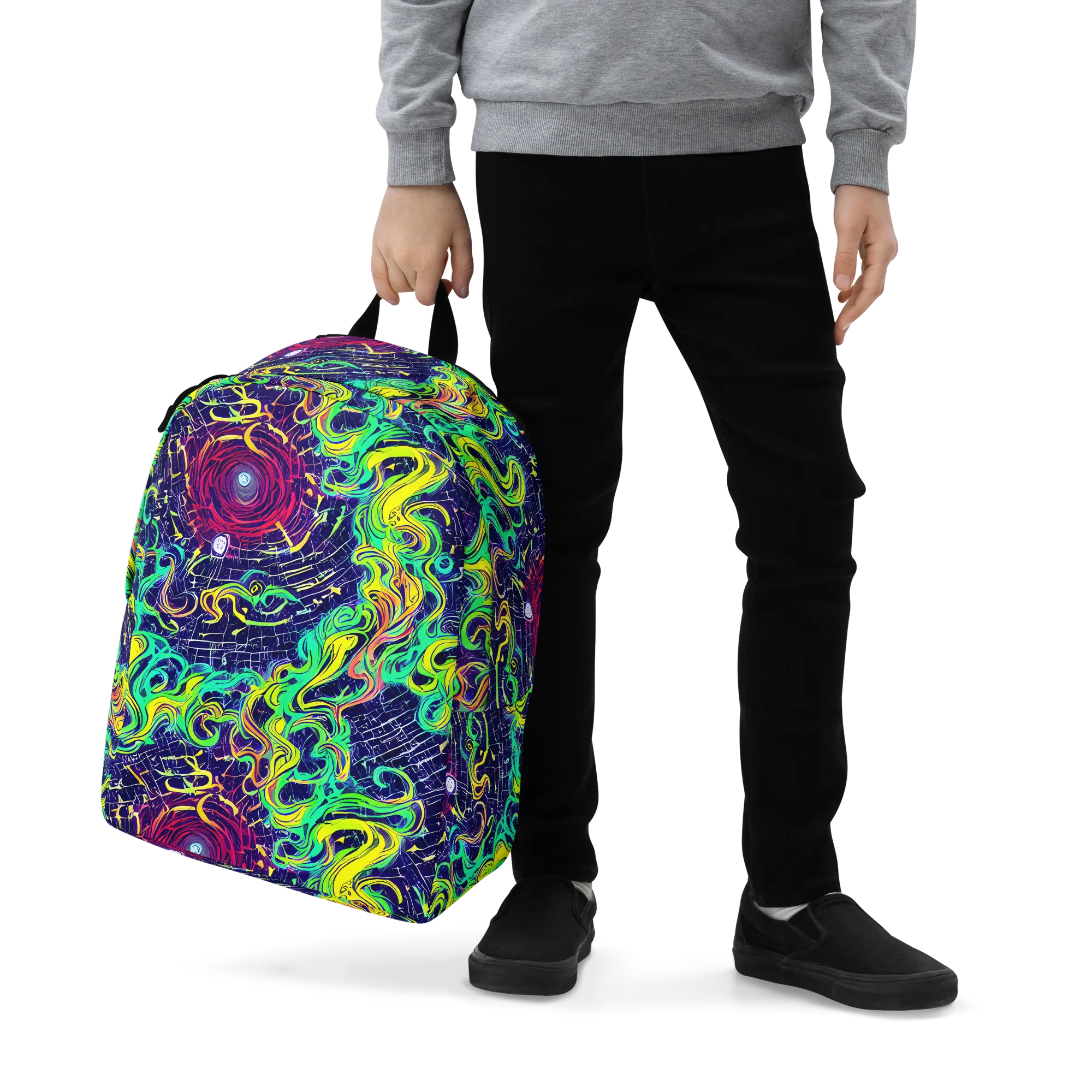 Neon Whirlwind on Minimalist Backpack — Zoomed-in