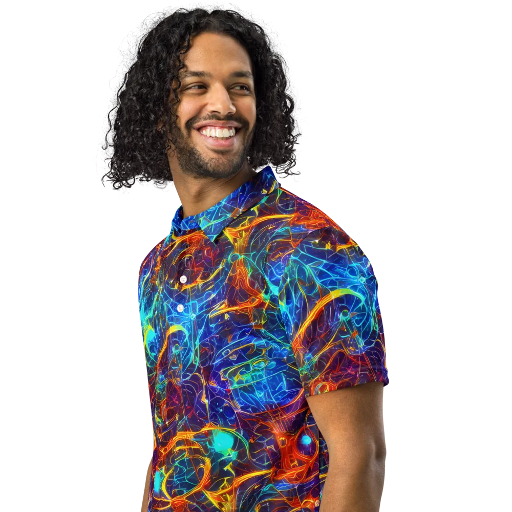 Blue Fire Matrix on Men's Slim Fit Polo Shirt — Left Front