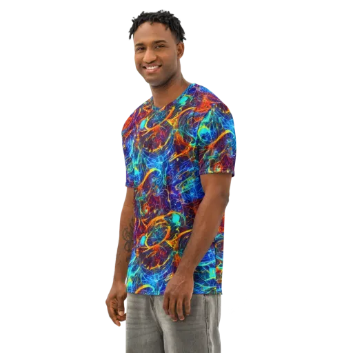 Blue Fire Matrix on a Men's Cotton Crew Neck T-Shirt