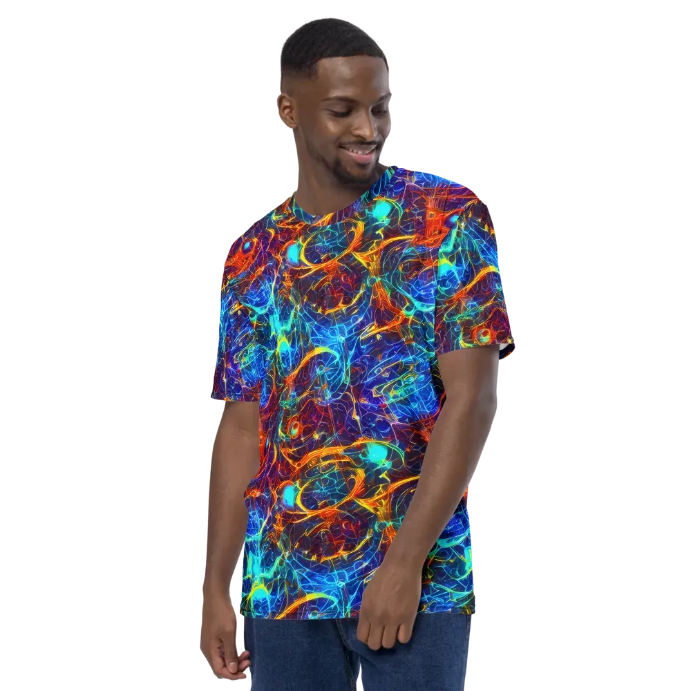 Blue Fire Matrix on Men's Crew Neck T-Shirt — Left