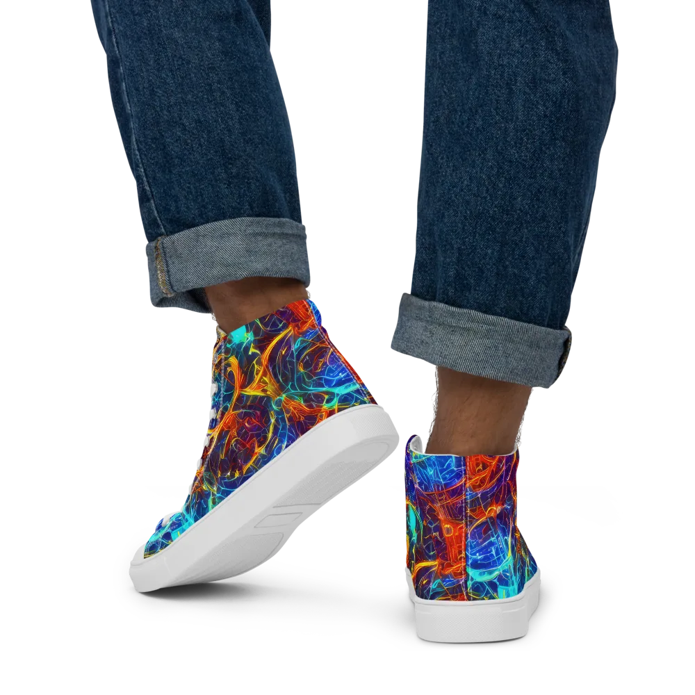 Blue Fire Matrix on Men's High Top Canvas Shoes — Back