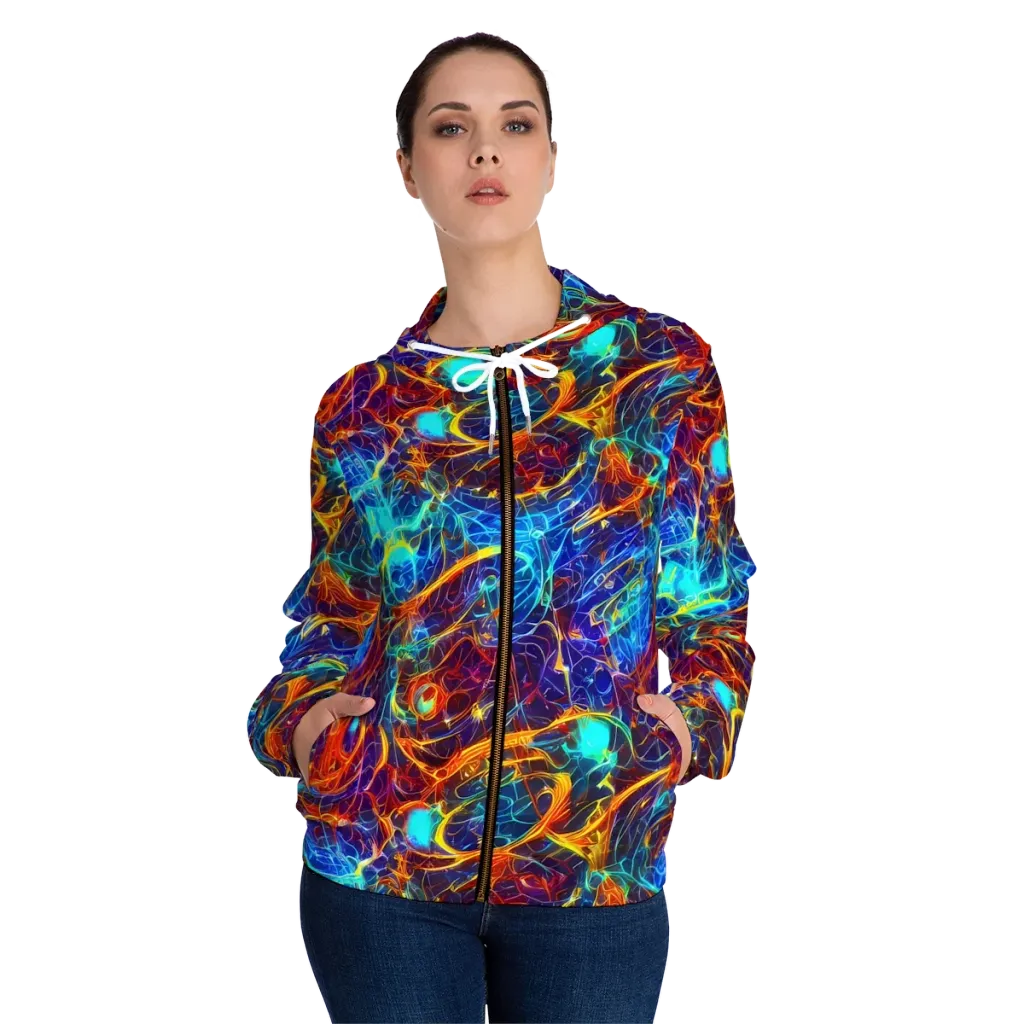 Blue Fire Matrix on Women's Full-Zip Hoodie — Front On Person