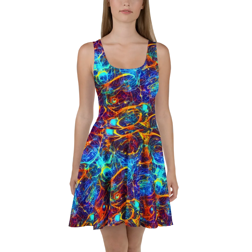 Blue Fire Matrix on Skater Dress — Front