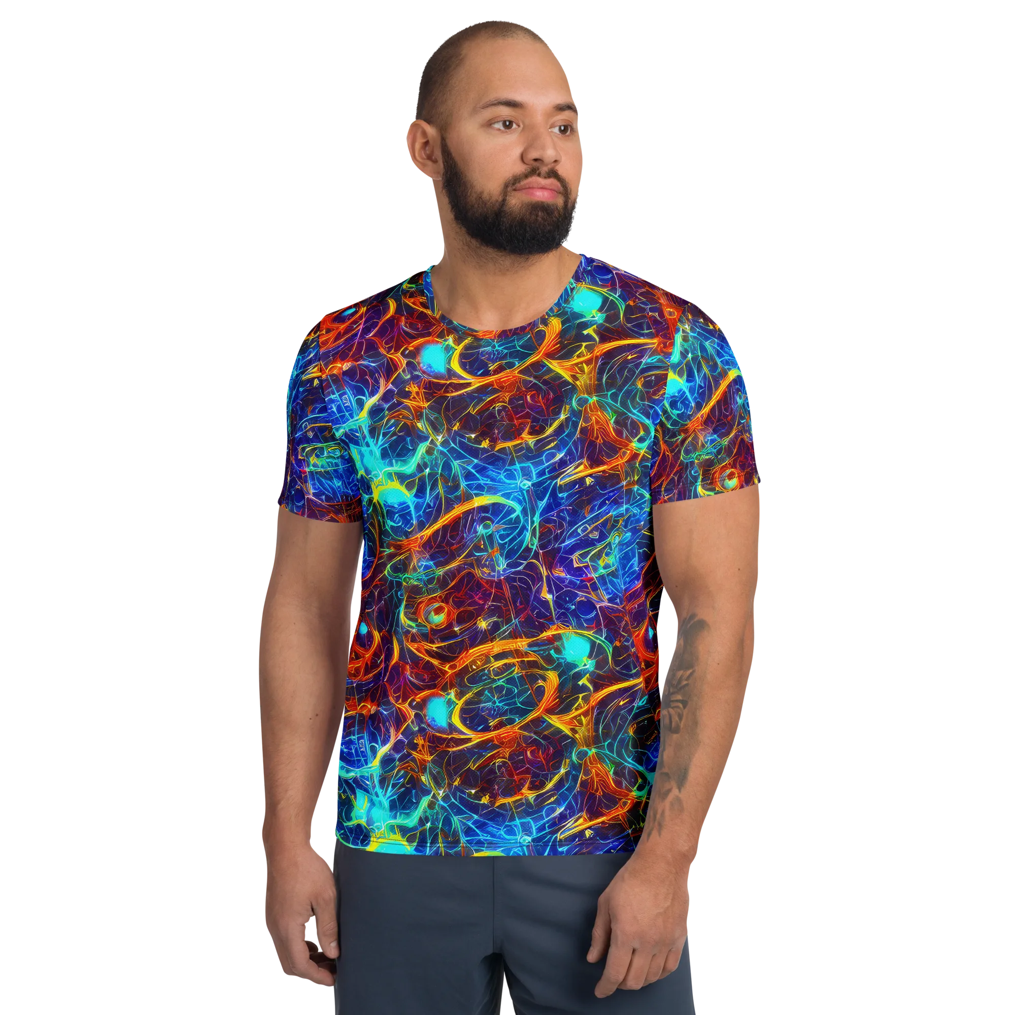 Blue Fire Matrix on Men's Athletic T-Shirt — Front