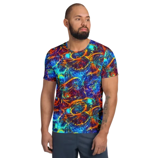 Blue Fire Matrix on a Men's Athletic T-Shirt