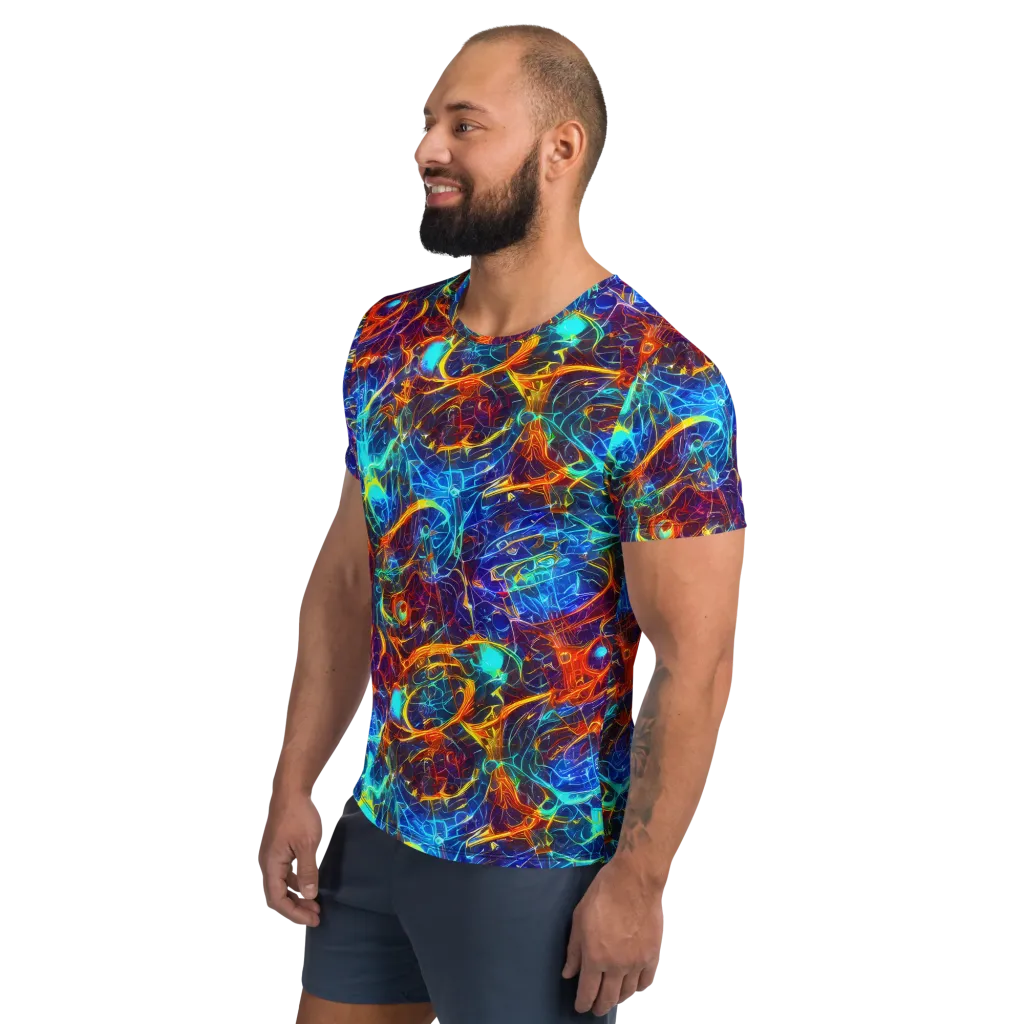 Blue Fire Matrix on Men's Athletic T-Shirt — Left