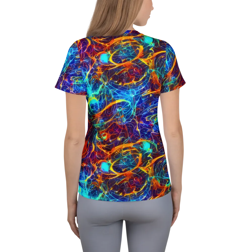 Blue Fire Matrix on Women's Athletic T-Shirt — Back