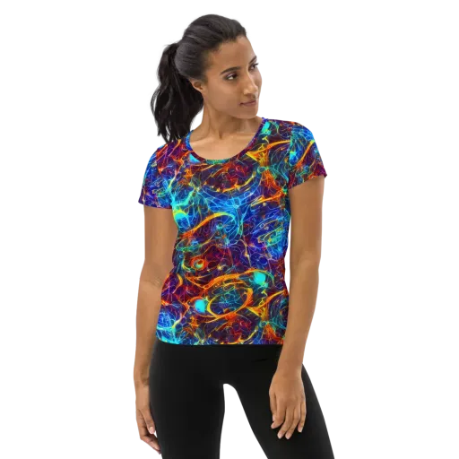 Blue Fire Matrix on a Women's Athletic T-Shirt