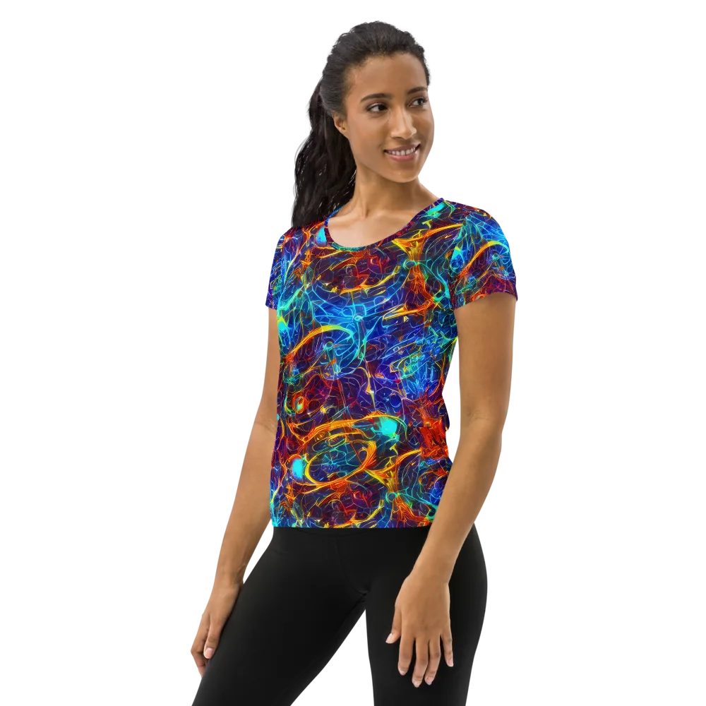 Blue Fire Matrix on Women's Athletic T-Shirt — Left