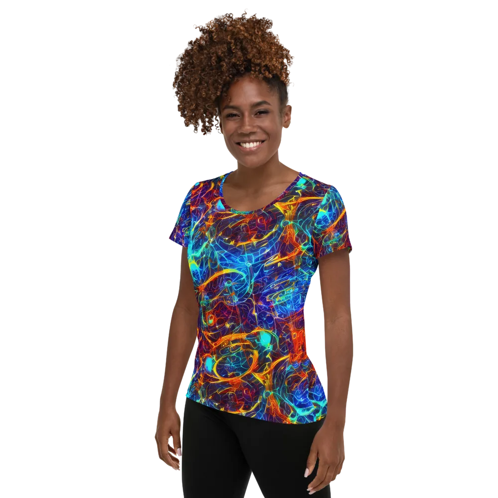 Blue Fire Matrix on Women's Athletic T-Shirt — Left