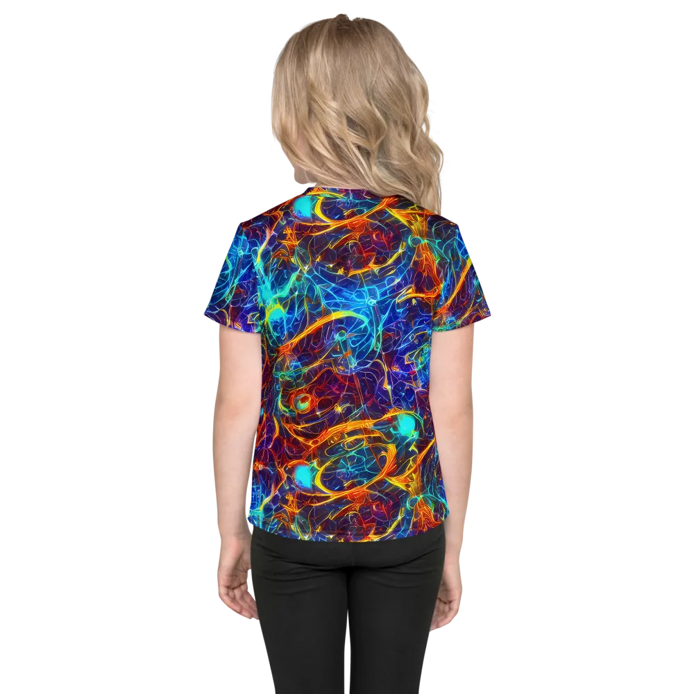 Blue Fire Matrix on Kids Crew Neck T-Shirt — Back