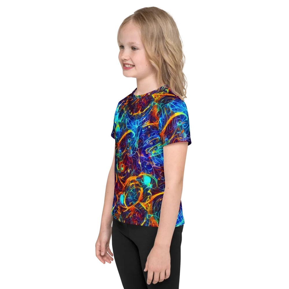 Blue Fire Matrix on Kids Crew Neck T-Shirt — Left